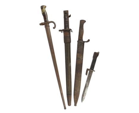 Four bayonets: The first a French model 1874, marked for Châtellerault 1876, steel scabbard; the next a German model 1898/05,