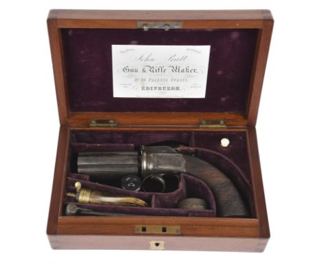 A British six shot 'pepperbox' percussion revolver, fluted cylinder 3 in., London Company proof marks, scroll engraved frame 