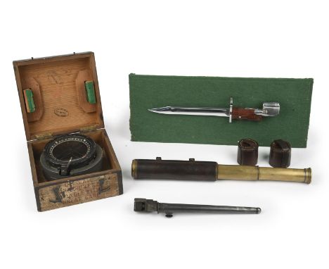 Militaria: a British 1941 dated Type P* compass, boxed; a No 7 bayonet, with plated blade and pommel and fixed in a display c