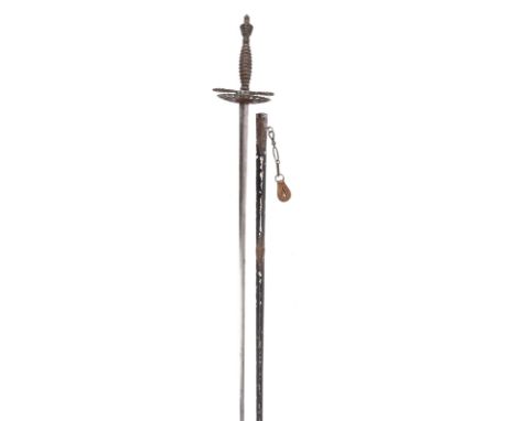 A 19th century court sword, hollow triangular-section blade 29 in., cut steel hilt with openwork shell and urn pommel, scabba