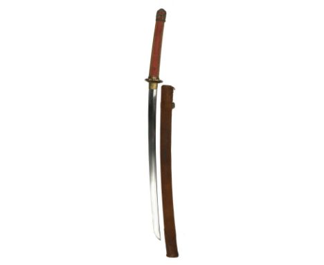 A Japanese sword (shingunto), blade 24 in., hon-zukuri, notare-midare hamon, gilt metal habaki, nakago with five character me