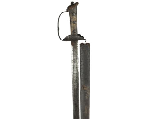 A 17th century North European hunting sword, double edged blade 31.5 in., three narrow fullers to the forte, marked with a ru