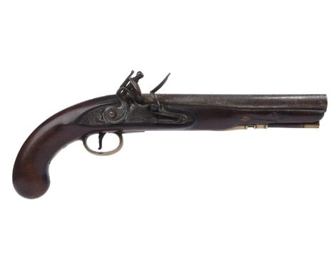 An English 12 bore flintlock holster pistol, barrel 8.5 in. with commercial Tower proof marks and stamped 'B&amp;S', flat loc
