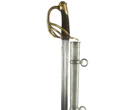 A French model 1854 heavy cavalry sword, earlier blade 37.75 in., marked for 1810; brass four bar hilt and steel scabbard bot