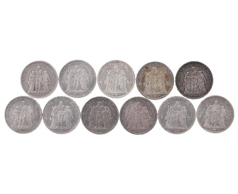 France - Second Republic: silver five francs, Hercules group, 1848 A, 1849 A (KM 756.1), near very fine; Third Republic: five