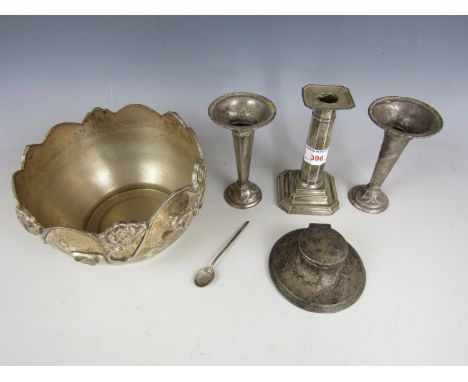 A pair of silver spill vases (one a/f), a silver capstan inkwell, a silver candlestick and an Indian bowl 