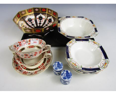 A Crown Derby bowl (a/f) together with two Masons soup bowls and saucers, a dessert set and two blue and white covered trinke