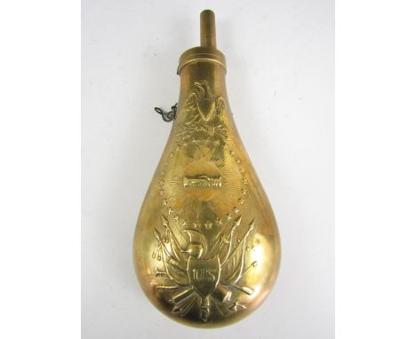 A brass reproduction US Army powder flask