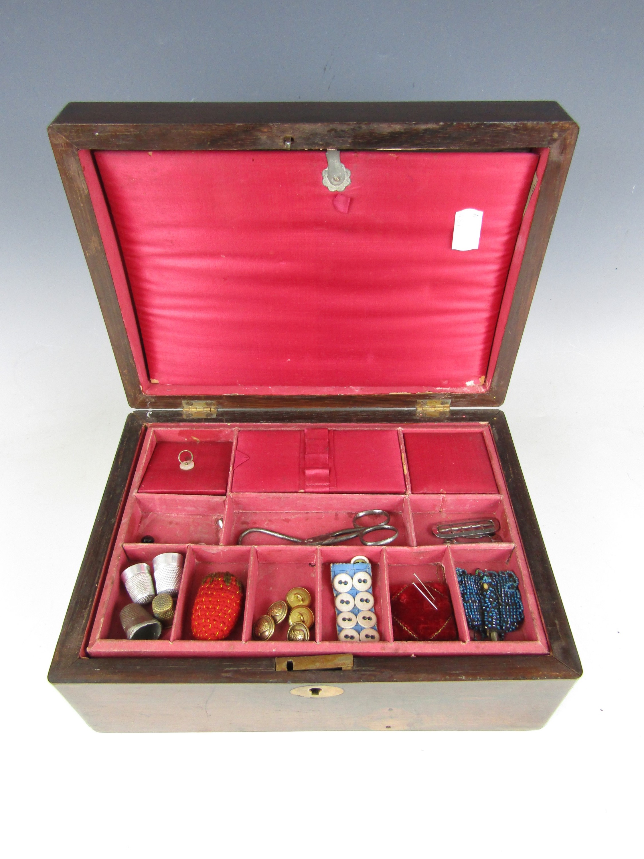 A 19th Century needlework box with contents