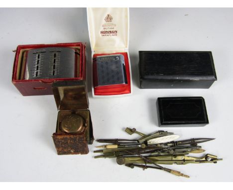Sundry collectors' items including a boxed Ronson Varaflame cigarette lighter, a Victorian snuff box, a British Linen Bank sa
