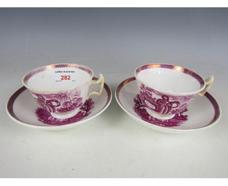 A pair of Sunderland pink lustre Faith Hope and Charity tea cups and saucers 