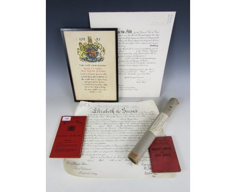 A WWII casualty memorial scroll, unrelated Pay Book and Service Certificate, an Army commission document and an OBE award doc