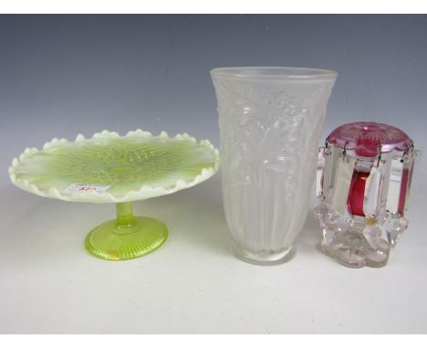 Antique and vintage glassware including a ruby lustre / candlestick together with a celery vase and a Davidson's Vaseline pre
