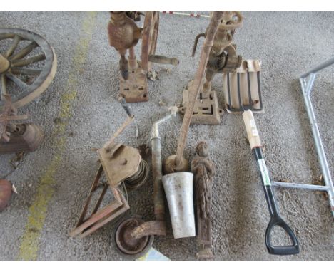 VARIOUS VINTAGE METAL WARE INCLUDING AND INTERESTING MOULDED FIGURE HEIGHT APPROX 50CM TOGETHER WITH WINCH ETC