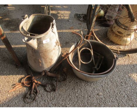 QTY VINTAGE BYGONES INCLUDING A GALVANISED MILK JUG, APPROX 36CM COOKING POT ETC
