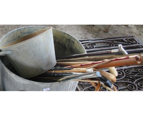 VINTAGE JAM PAN DIAMETER APPROX 40CM TOGETHER WITH A QTY OF VARIOUS WALKING STICKS ETC