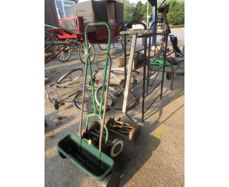 TWO VINTAGE PUSH MOWERS TOGETHER WITH A PLASTIC SEED/LAWN SPREADER