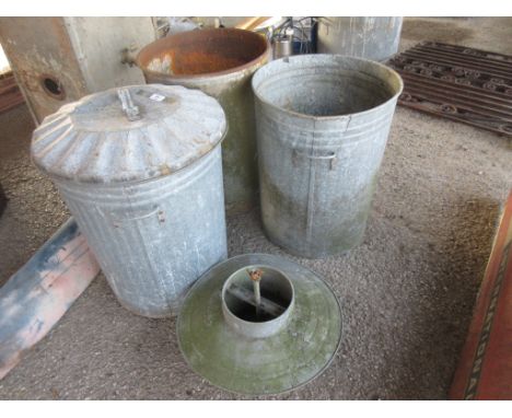 VINTAGE GALVANISED BIN AND LID TOGETHER WITH TWO FURTHER GALVANISED BINS AND A CHICKEN FEEDER (AF)