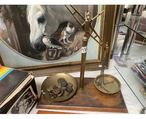 Victorian brass balance scales with some weights A/F