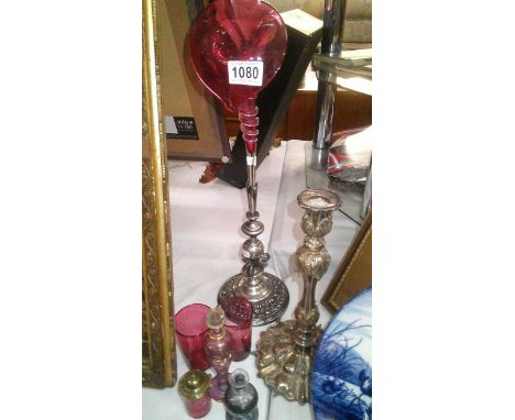 A victorian cranberry glass jack in the pulpitepergne on silver plated stand, along with perfume bottles etc and tall s/p can