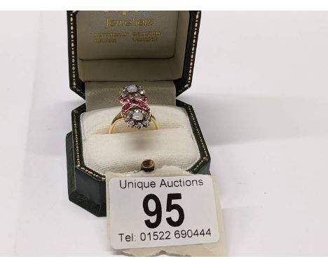 A lovely Edwardian rose cut diamond, pink sapphire and opal ring set in 18ct gold. size M, 6.1 grams.