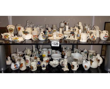 A good collection of crested china including Carlton ware, Arcadian & Goss (2 shelves)All pieces in good condition.