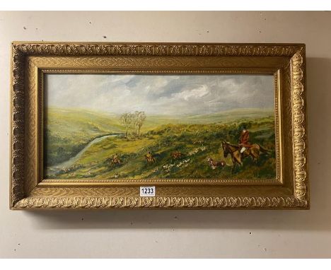 A gilt frame oil on board of hunting scene on Moorland, A E Webster, dated 1980 - 73cm x 41cmPostage to UK Mainland is £25.00