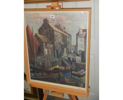 A framed and glazed print entitled 'The Yellow Boat Polperro' by Tom Morton, 65 x 77 cm.