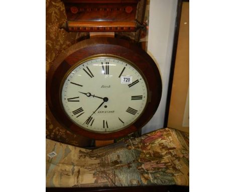 A Fusee Wall clock, 16.5" diameter mahogany case, dome glass, with key and pendelum, in working order. (COLLECT ONLY) or arra