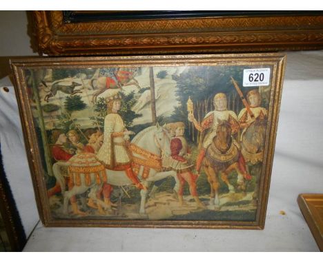 An early 20th century medieval scene print, 40 x 31 cm.