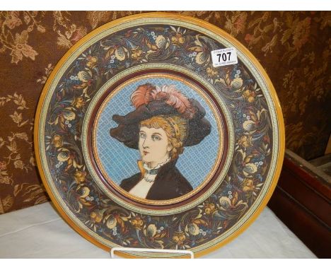 Exquisitely worked 40cm diameter ceramic wall plaque by Villeroy and Boch, showing the portrait of a lady. Markings on the re