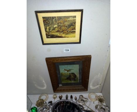 A 19th/20th century lithograph of Spaniel &amp; Woodcock &amp; a hunting scene coloured engraving print entitled Woodcock sho