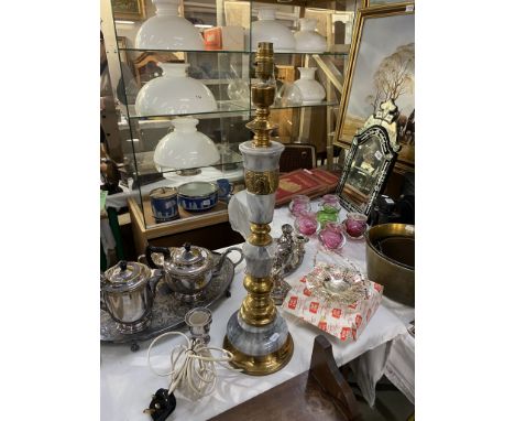 An ornate smokey marble &amp; brass table lamp - height 66cm