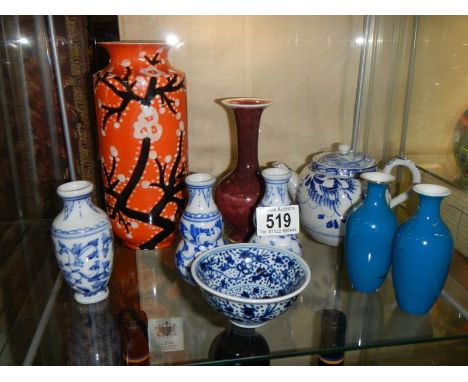 A collection of Chinese ceramics & porcelain including orange vase with bamboo design signed, blue & white teapot, signed sma