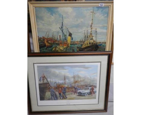 &nbsp;Oil on board painting depicting fishing boats in port, Grimsby (including the Ross Daring) signed W L Rodgerson 1964. R