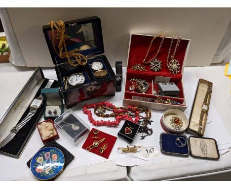 Two old silver pocket watches, other watches, assorted jewellery including silver penknife, silver earrings, other earrings, 