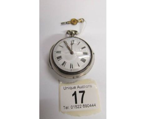 A matching pair case crown and verge pocket watch with key, working order, silver case, London 1783, bullseye glass, white di