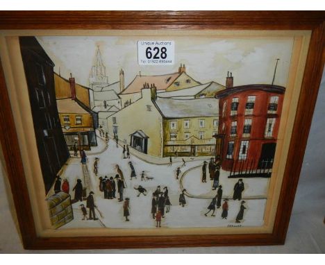 A picture in the style of L S Lowry signed K R Bower, 36 x 31 cm.
