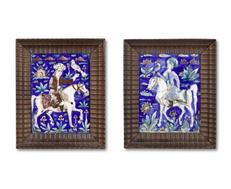 Deux carreaux Qajar en céramique moulée peinte sous glaçure, Perse circa 1880 Two Qajar underglaze-painted moulded pottery ti