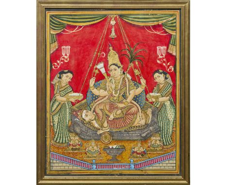 Shodashi, l'un des Mahavidyas, trônant sur Shiva, avec deux femmes dispersant des fleurs, gouache et or sur papier, Tanjore f