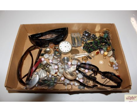 A tray containing various costume jewellery and sunglasses, pocket watch, lighters cuff-links etc. 