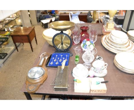 A quantity of various sundry glass and china to include a cased set of souvenir spoons, an oak cased barometer, a set of Salt