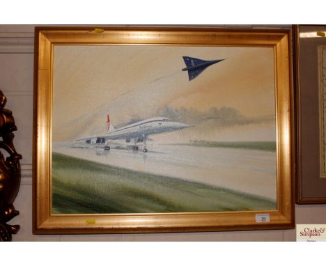 Hugh K Harwood, oil on board depicting Concorde and the Vulcan Bomber 1985