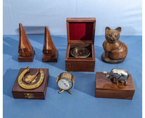 Compass in wooden box and other wood items