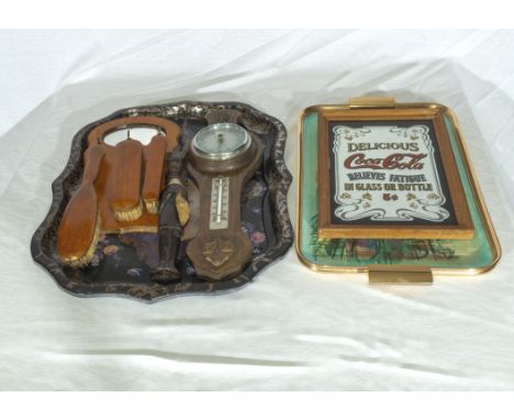 Lacquer tray, vintage clothes brush set, small barometer and two others