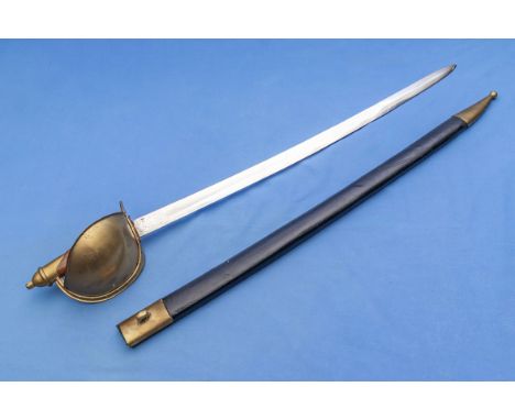 A replica Naval cutlass with black leather scabbard