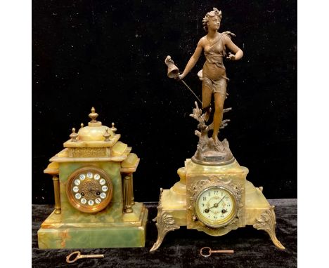 A late 19th century French onyx mantel clock, the case surmounted with spelter figure, Apres Les Papillons, after Ferrand, 52