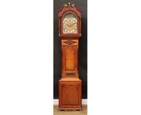 A 19th century oak and parquetry longcase clock, 31.5cm arched dial, the case with swan neck pediment, 223cm high, 50cm wide,