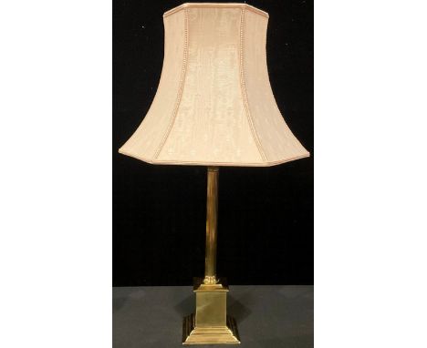 A Neo-Classical style brass Corinthian column table lamp, stepped square base, splayed hexagonal shade, 46cm over fitting 