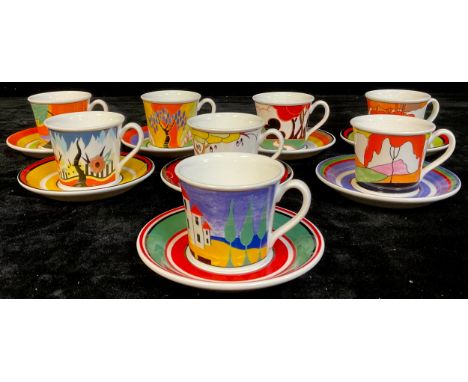 A set of eight Wedgwood for Bradex Clarice Cliff reproduction "Café Noir" coffee cans and saucers, including Coral Firs, Wind